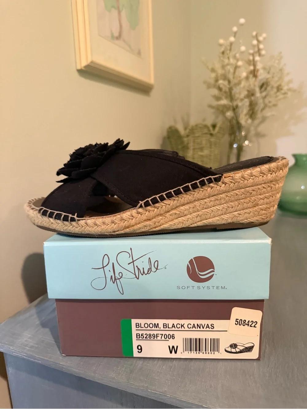 Life Stride Black Canvas Wedge Slide with Floral Accent